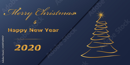 Golden christmas banner or greeting card template on blue diagonal background with lettering.