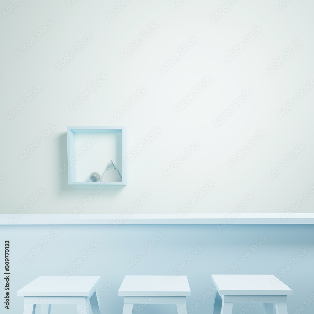 Shelf at cafe shop, , mock up, blank  minimalistic empty showcase template, art deco shop display, pastel colors. 3d render.