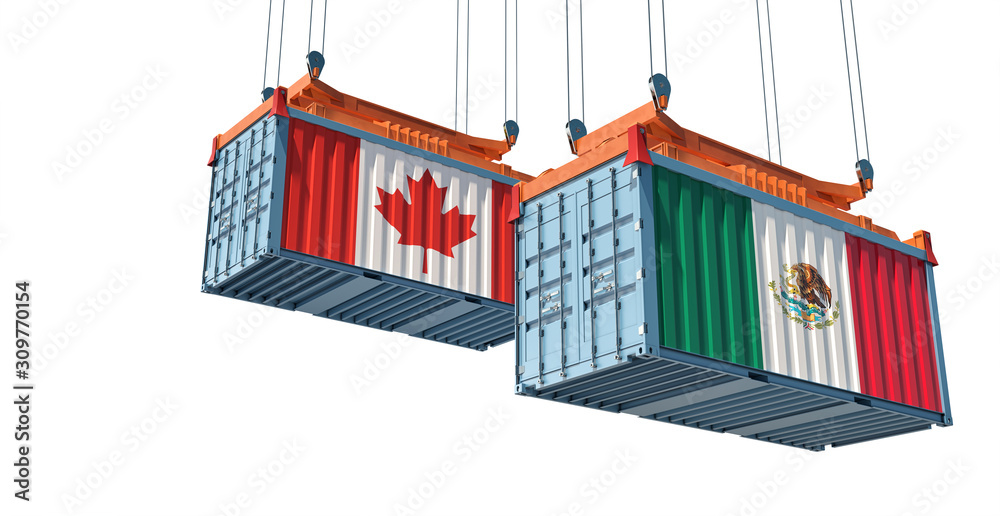 Freight container with Mexico and Canada national flag. Isolate on white. 3D Rendering Freight container with Mexico and Canada national flag. Isolate on white. 3D Rendering