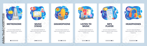 Mobile app onboarding screens. Listen music, streaming, headphones, player, metronome, gramophone. Menu vector banner template for website and mobile development. Web site design flat illustration