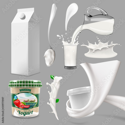 Whole milk, yogurt and cream big splash set, pouring and splashing 3d vector realistic illustration, diary beverage product design elements, packaging, milk carton, bottle