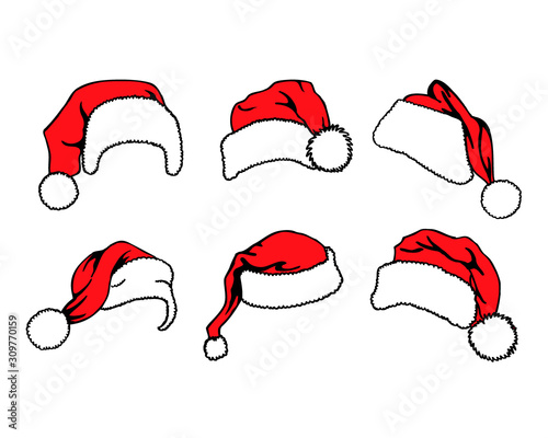 Set of red Santa Claus hats isolated on white background - Vector