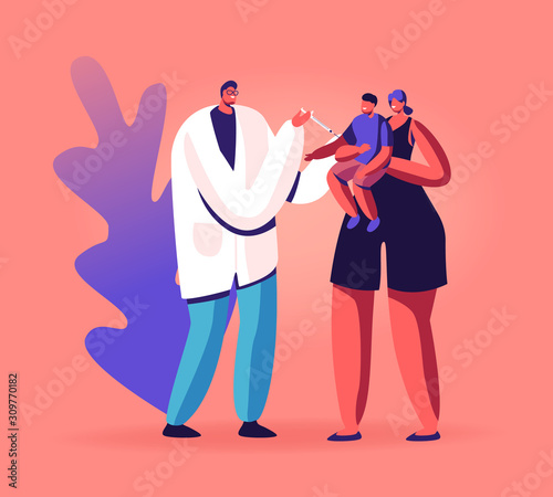 Young Friendly Doctor Put Hypodermic Injection to Baby Sitting on Mother Arms. Illness Treatment, Health Care, Hospital Illness Prevention, Diseased Child Immunization Cartoon Flat Vector Illustration