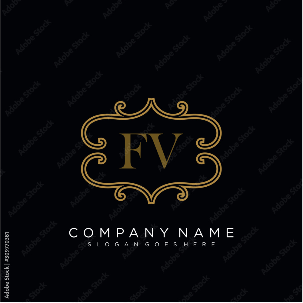 Initial letter FV logo luxury vector mark, gold color elegant classical