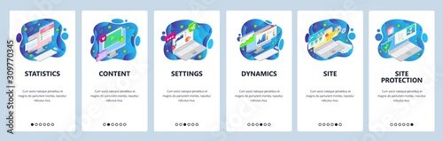 Mobile app onboarding screens. Business analytics and finance charts, video content, laptop, statistics. Vector banner template for website and mobile development. Web site design flat illustration