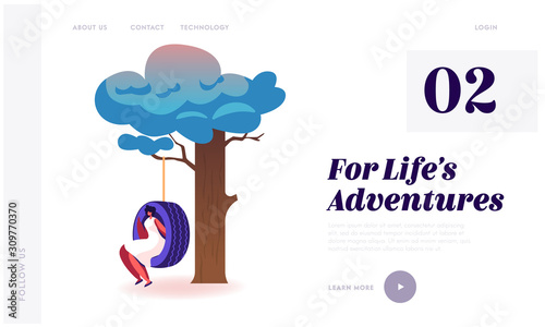 People Reuse Old Tyres for Domestic Needs Website Landing Page. Woman Sitting on Environmentally Friendly Child Garden Swing Made of Recycled Car Tires Web Page Banner Cartoon Flat Vector Illustration