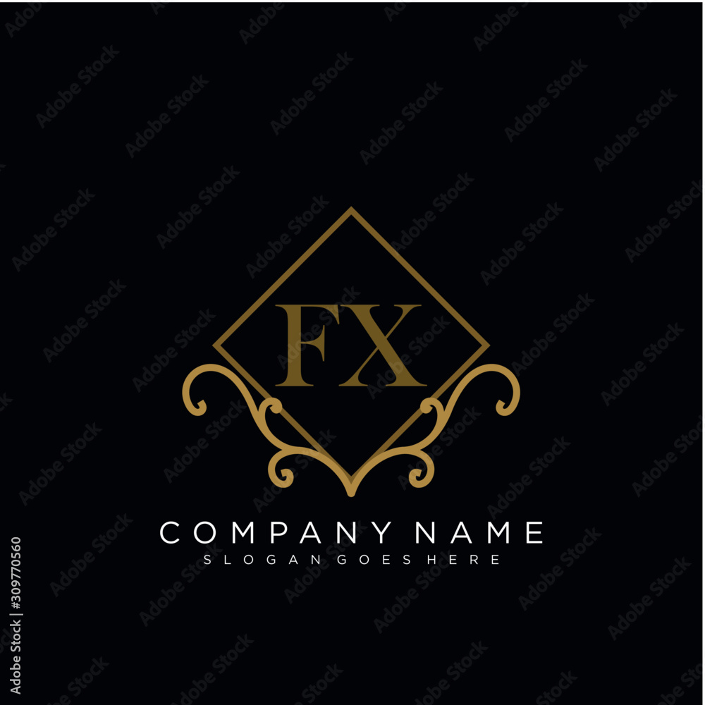 Initial letter FX logo luxury vector mark, gold color elegant classical