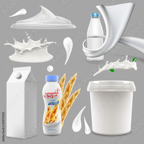 Whole milk, yogurt and cream big splash set, pouring and splashing 3d vector realistic illustration, diary beverage product design elements, packaging, milk carton, bottle