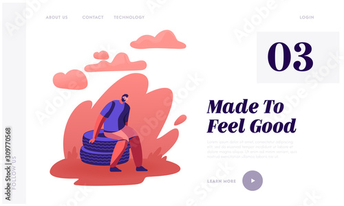 Creative Idea for Using Car Wheels Website Landing Page. Old Tires Recycled and Reused to Create Garden Chairs. Man Sit on Stacked Tyres in Home Yard Web Page Banner. Cartoon Flat Vector Illustration