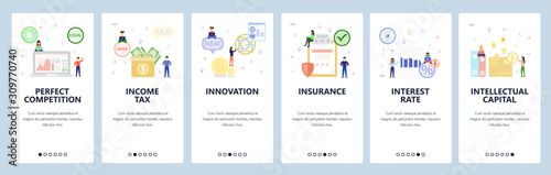 Mobile app onboarding screens. Money investment, income tax, insurance, interest rate. Menu vector banner template for website and mobile development. Web site design flat illustration