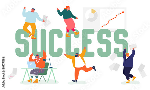 Business Success Concept. Joyful People Dance and Throw Papers after Successful Deal or Contract Signing. Managers Team Rejoice Grow Chart Poster Banner Flyer Brochure Cartoon Flat Vector Illustration