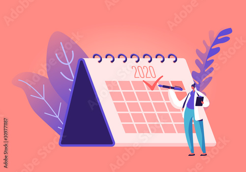 Female Doctor Put Check Mark to Check-box on Huge Calendar on 2020 Year. Vaccination, Medicine and Health Care Planning Concept. Diseases Prevention, Immunization. Cartoon Flat Vector Illustration