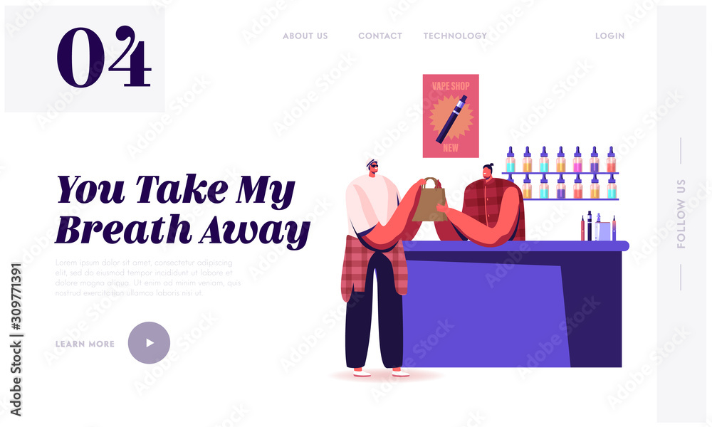 Obraz premium Vape Shop Business Website Landing Page. Hipster in Store Selling Electronic Cigarette Production to Client at Counter Desk with E-liquids, Vaping Web Page Banner. Cartoon Flat Vector Illustration