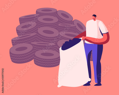 Environment Protection Recycle Industry, Rubber Trash Reuse. Man Stand at Huge Heap of Old Tyres Holding Sack Full of Shredded Automobile Tires. Crushed Car Wheels Cartoon Flat Vector Illustration
