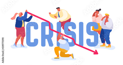 Financial Fail  Economy Crisis Concept. Businesspeople Frustrated about Arrow Diagram Going Down. Investment Risk Corporate Money Problem Poster Banner Flyer Brochure. Cartoon Flat Vector Illustration