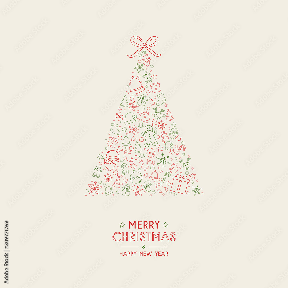 Merry Christmas and Happy New Year. Greeting card with beautiful Xmas tree and icons. Vector Merry Christmas and Happy New Year. Greeting card with beautiful Xmas tree and icons. Vector