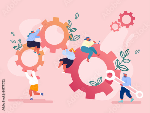 Male and Female Characters Moving Huge Gear Mechanism Using Wrench, Feet and Arms. Woman Managing Cogwheel Process at Pc. Working Routine Process and Teamwork Concept. Cartoon Flat Vector Illustration