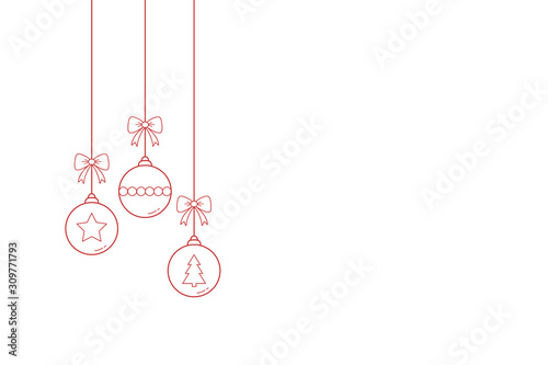 Christmas card with hanging baubles. Xmas decoration. Vector