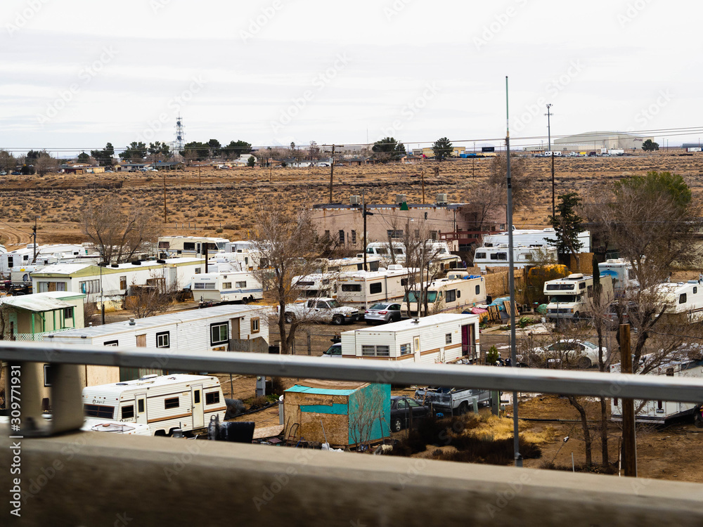 Close up of caravans parked together. Mojave Desert. State of California. United States of America.
