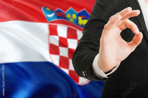 Croatia acceptance concept. Elegant businessman is showing ok sign with hand on national flag background.