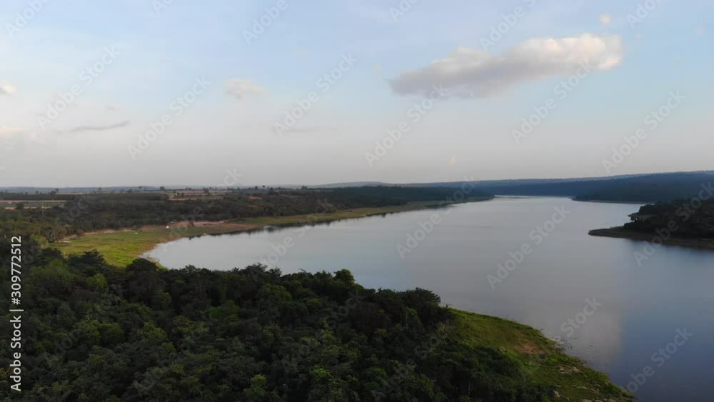 Drone shot aerial view scenic landscape of a reservoir dam at the countryside Drone shot aerial view scenic landscape of a reservoir dam at the countryside