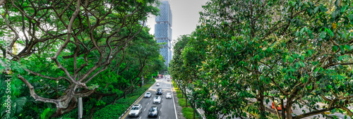 Panoramic top view green highway in Singapore with sidewalk and skyscrapers in background