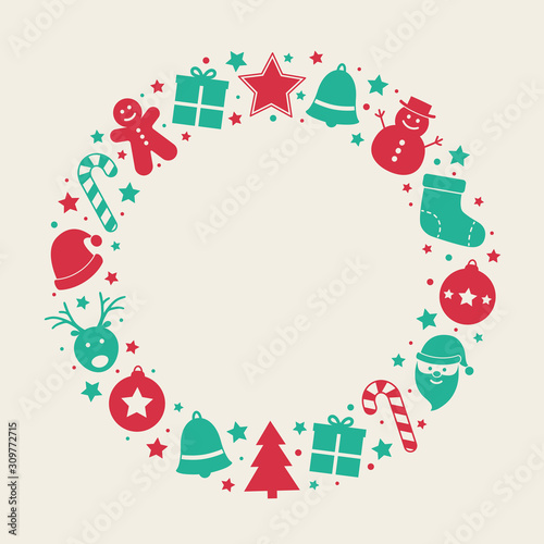Christmas background with holiday wreath and minimalist ornaments. Vector