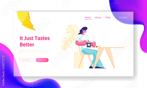 Woman Visiting Fastfood Cafe Website Landing Page. Female Character Sitting at Table Eating Fried Potato and Drinking Soda Beverage in Restaurant Web Page Banner. Cartoon Flat Vector Illustration
