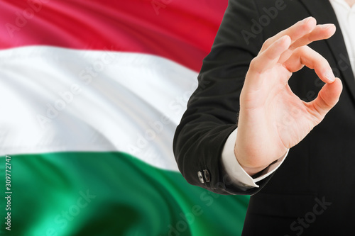 Hungary acceptance concept. Elegant businessman is showing ok sign with hand on national flag background.