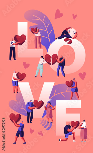 Love and Heartbreak Concept. Happy Couples Sparetime, Holding Heart. Unhappy Heartbroken People Parting, Divorce, End of Relations Poster Banner Flyer Brochure. . Cartoon Flat Vector Illustration