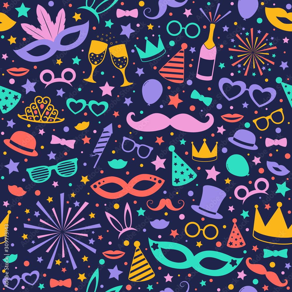 Concept of seamless texture with party ornaments. Vector