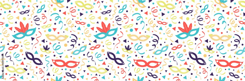 Colorful party masks and confetti on background - seamless texture. Vector