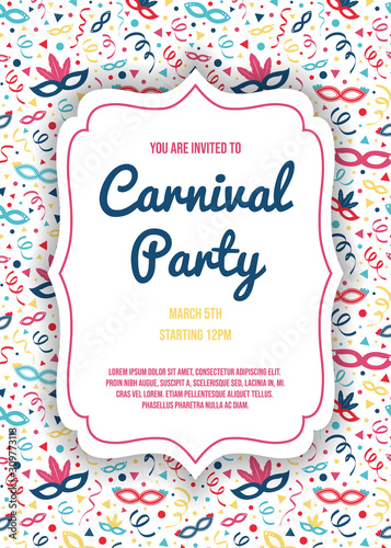Carnival Party invitation with colorful texture. Vector.