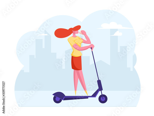 Young Business Woman Driving Scooter Drinking Coffee in City, Hurry at Work. Outdoors Activity, Dweller Lifestyle in Megapolis, Happy Girl Outdoor Walking Recreation. Cartoon Flat Vector Illustration