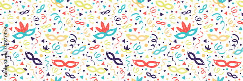 Colorful party masks and confetti on background - seamless texture. Vector