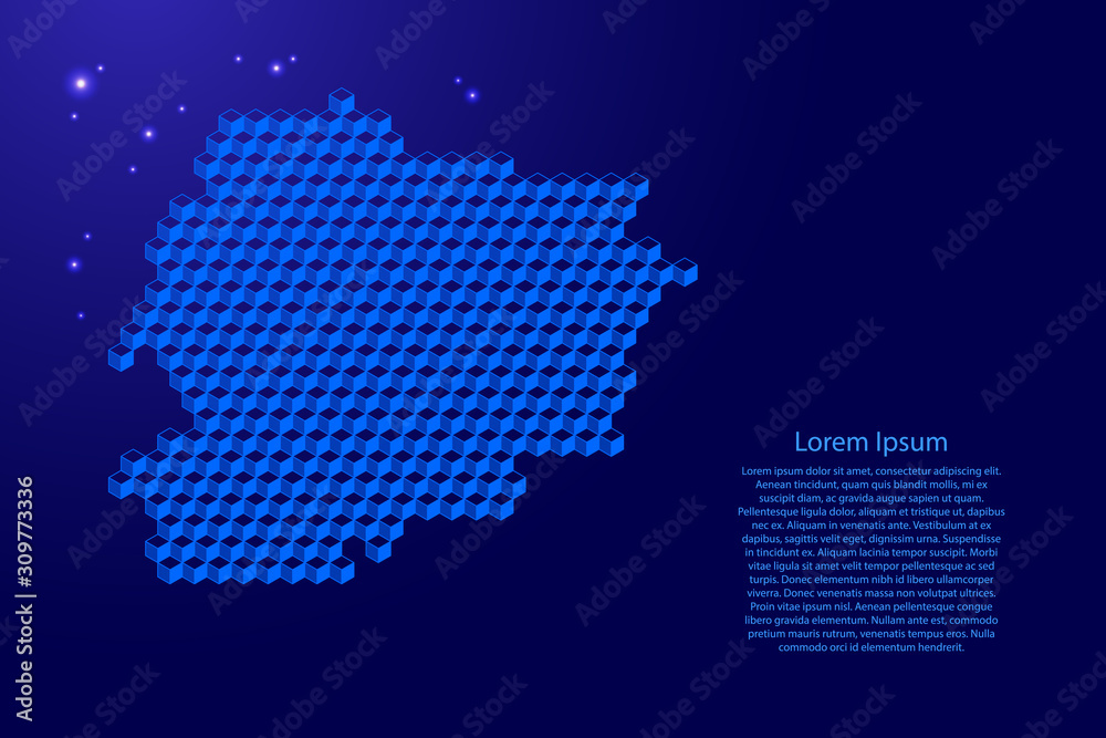 Andorra map from 3D blue cubes isometric abstract concept, square pattern, angular geometric shape, glowing stars. Vector illustration.