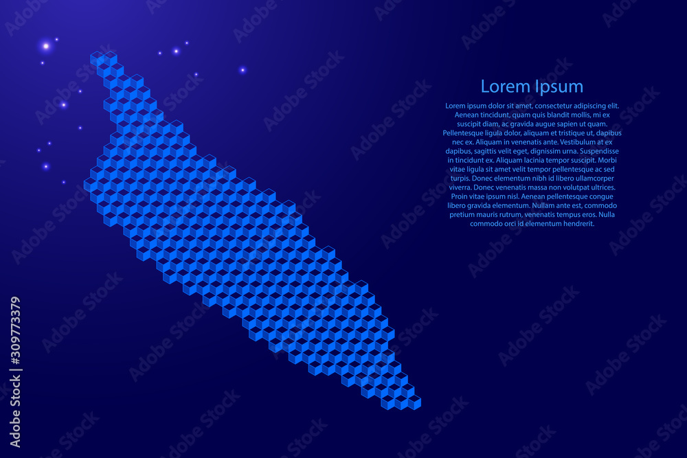 Aruba map from 3D blue cubes isometric abstract concept, square pattern, angular geometric shape, glowing stars. Vector illustration.