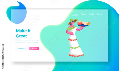 Authentic Restaurant Staff Presenting Mexican Food Menu Website Landing Page. Woman Wearing Sombrero and Traditional Dress Holding Tray with Taco Web Page Banner. Cartoon Flat Vector Illustration