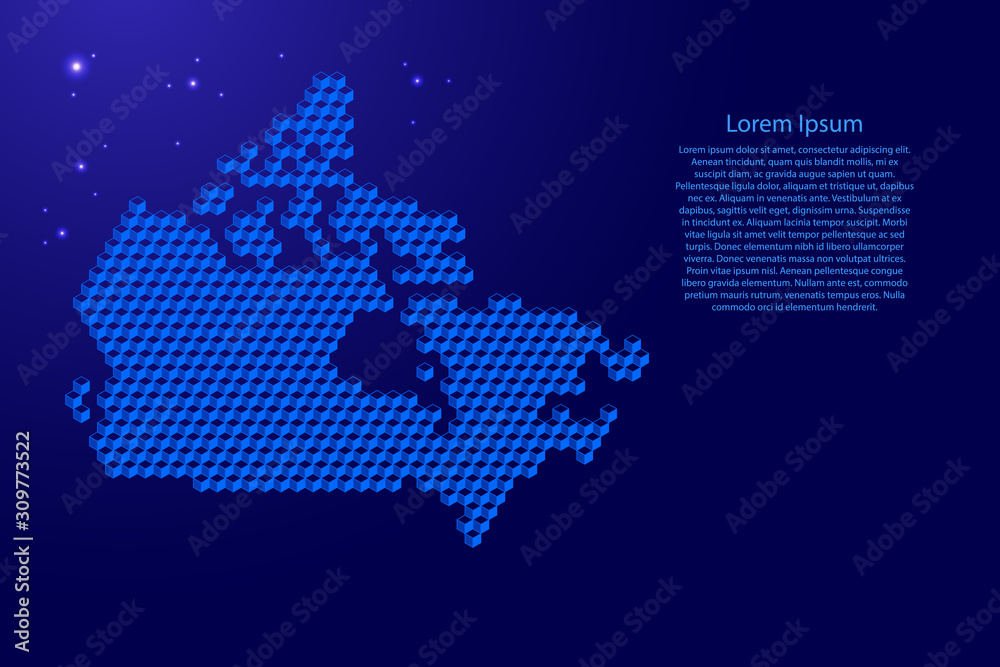 Canada map from 3D blue cubes isometric abstract concept, square pattern, angular geometric shape, glowing stars. Vector illustration.