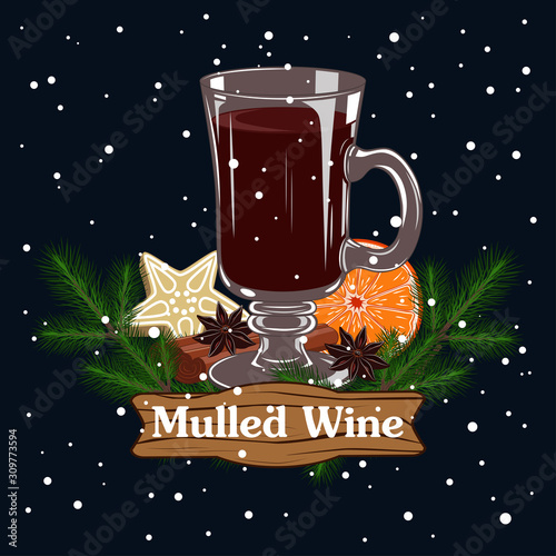 Vector image of a glass of mulled wine on a blue background with snowflakes.