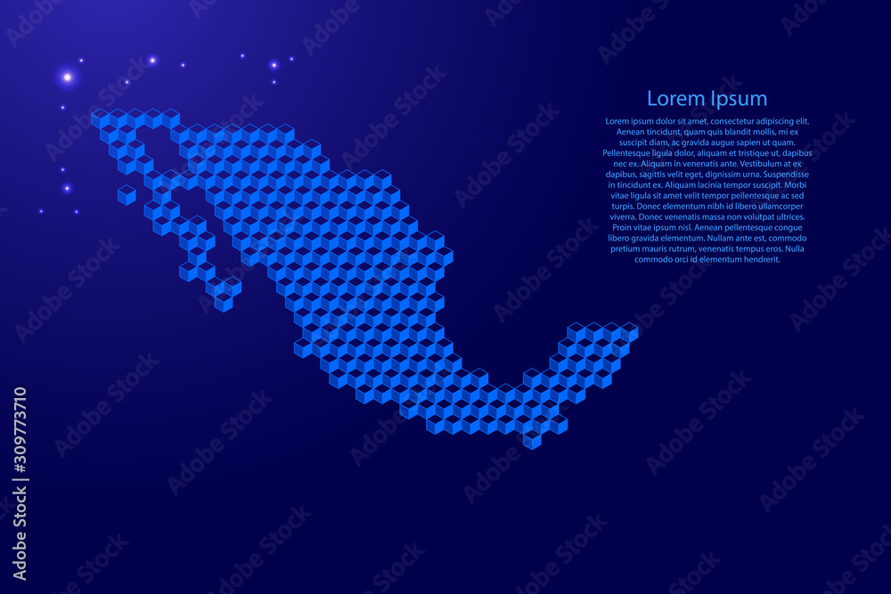 Mexico map from 3D classic blue color cubes isometric abstract concept, square pattern, angular geometric shape, glowing stars. Vector illustration.