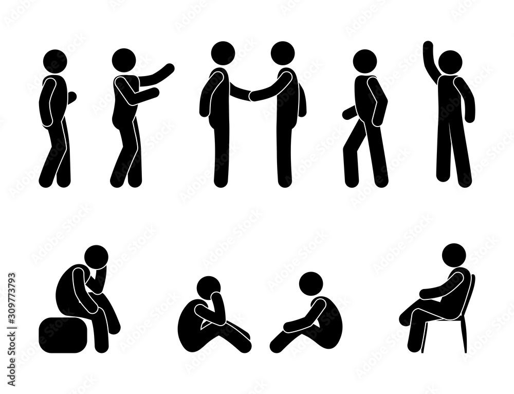 people pictogram in various poses, stick figure man isolated silhouette ...