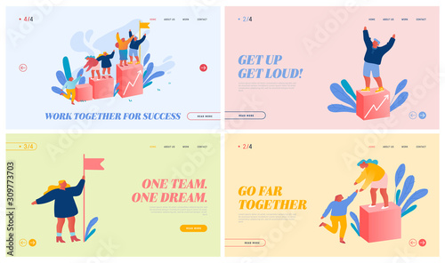 Team Work Challenge, Partnership and Leadership Website Landing Page Set. Businesspeople Pull Teammates to Peak of Success, Financial Rising Diagram Web Page Banner. Cartoon Flat Vector Illustration