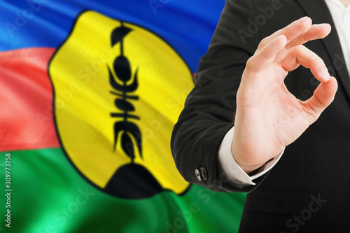 New Caledonia acceptance concept. Elegant businessman is showing ok sign with hand on national flag background.