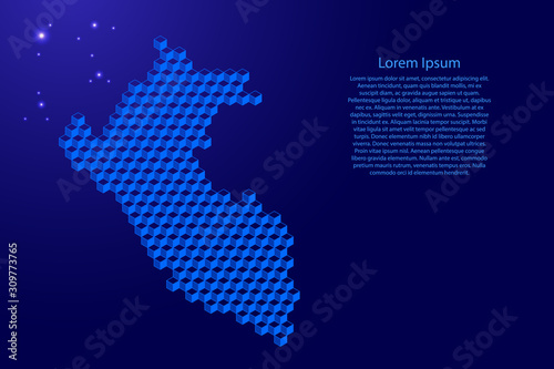 Peru map from 3D classic blue color cubes isometric abstract concept  square pattern  angular geometric shape  glowing stars. Vector illustration.