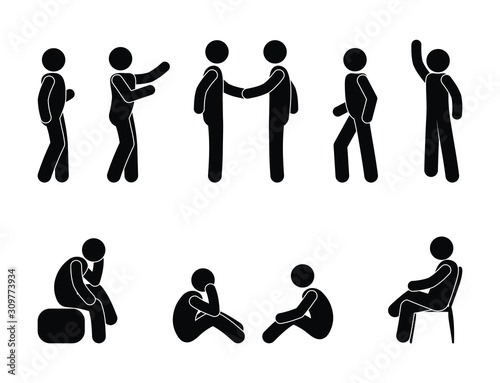 people pictogram in various poses, stick figure man isolated silhouette, human symbol icon