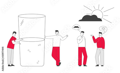 Men with Bad and Good Thoughts in Head Stand at Huge Half Full or Empty Glass with Water. Positive and Negative Thinking Pessimist and Optimist People Concept Cartoon Flat Vector Illustration Line Art