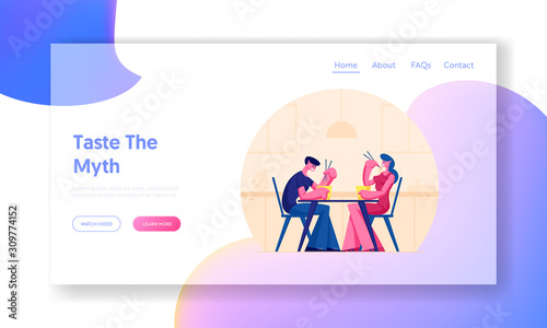 Japanese or Chinese Cuisine Restaurant Website Landing Page. Young Happy Couple Eating Asian Food in Box Holding Sticks Sitting at Table. Dating, Rest Web Page Banner. Cartoon Flat Vector Illustration