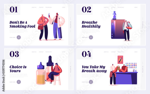 Vaping Website Landing Page Set. Male and Female Characters Vapers Smokers Buying and Smoking Vapes in Bar and Special Shops. Bad Habit, Addiction Web Page Banner. Cartoon Flat Vector Illustration