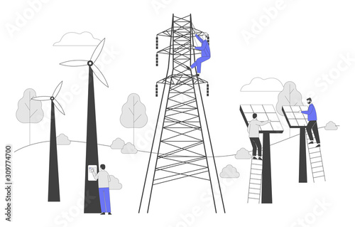 Sustainable Green Energy Development, Environmental and Ecology Protection Concept. New Technologies Integration into Human Life. Solar Panels Windmills Electric Tower Cartoon Flat Vector Illustration